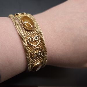 Vintage Gold Mesh Bracelet w/ Amber Cabochons | Filigree Statement | 90s Boho Lu